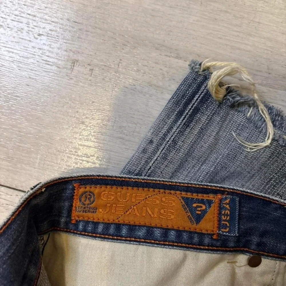 Guess blue‎ distress  denim shorts with orange stitching, Size: W 36 L 32